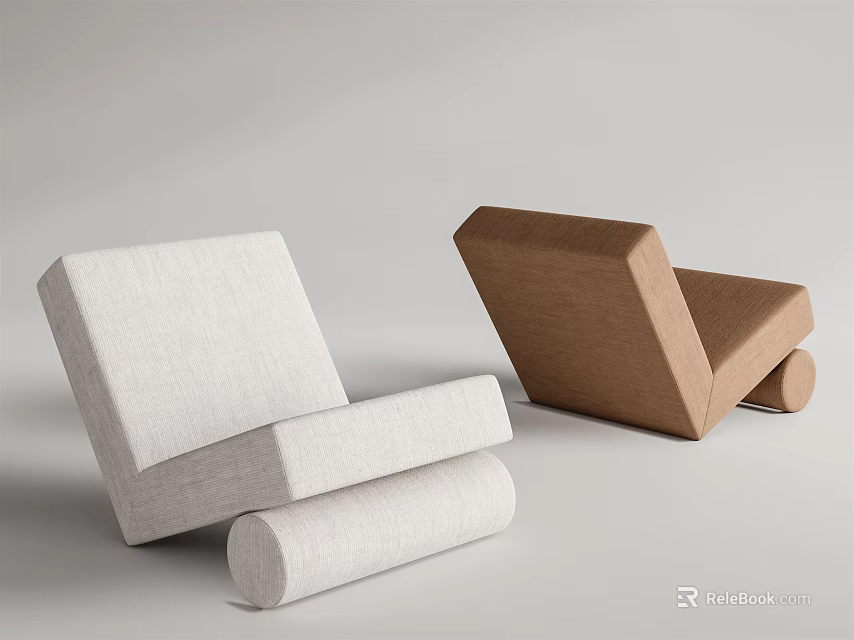 Modern Minimalist Single Sofa in White and Brown Fabric with Simple Design 3d model 