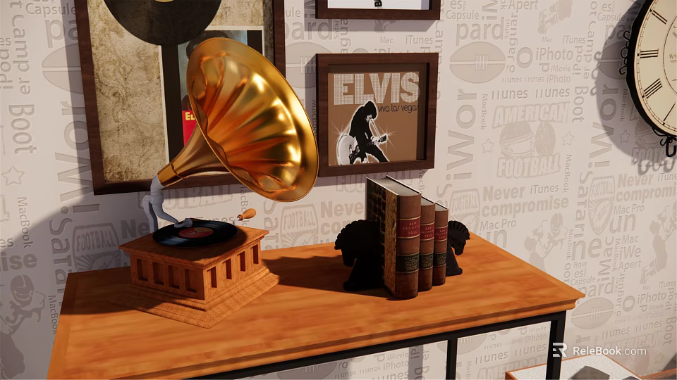 Stylish Entryway Console Table Featuring Golden Gramophone Vintage Books and Black Decor Items 3d model 