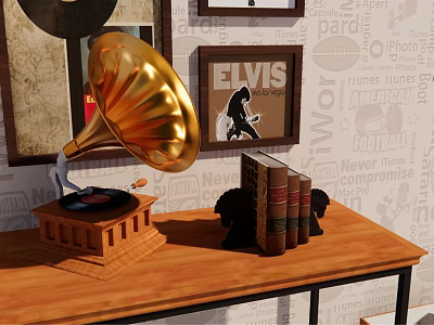 Stylish Entryway Console Table Featuring Golden Gramophone Vintage Books and Black Decor Items 3d model