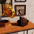 Stylish Entryway Console Table Featuring Golden Gramophone Vintage Books and Black Decor Items