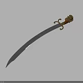 Decorative Curved Sword With Blue Steel Blade Golden Ornate Handle And Brown Leather Grip