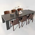 Modern Dining Table And Chairs Set With Black Table Brown Chairs And Table Lamp 3d model