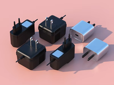 Square Shaped Black And Silver Plug Chargers For Daily Household Use 3d model