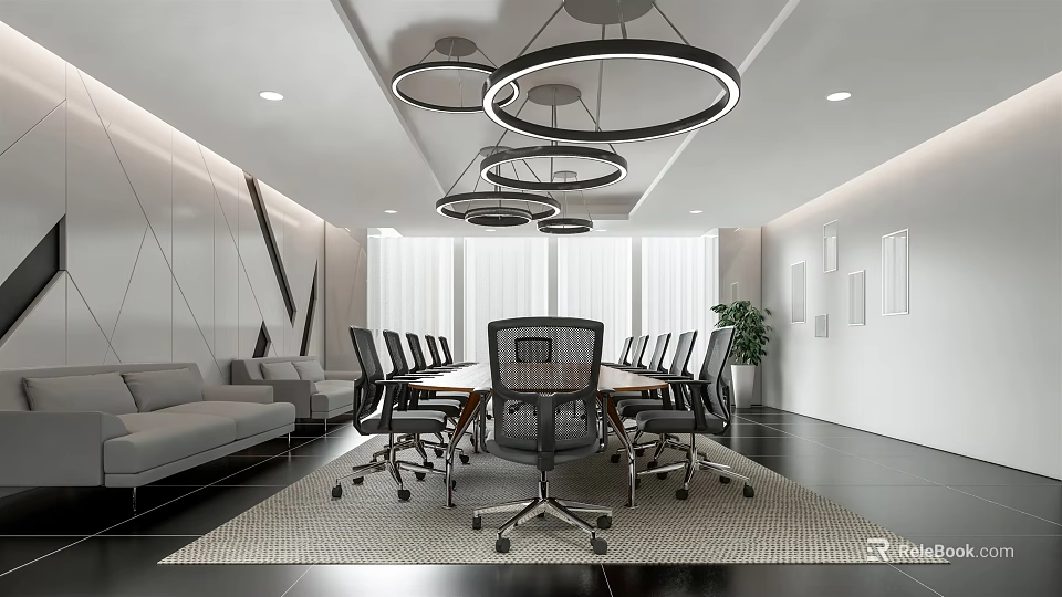 Modern Conference Room Interior Design With Long Table Black Chairs Circular Pendant Lights And Sofa Area 3d model 