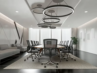 Modern Conference Room Interior Design With Long Table Black Chairs Circular Pendant Lights And Sofa Area 3d model