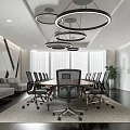Modern Conference Room Interior Design With Long Table Black Chairs Circular Pendant Lights And Sofa Area