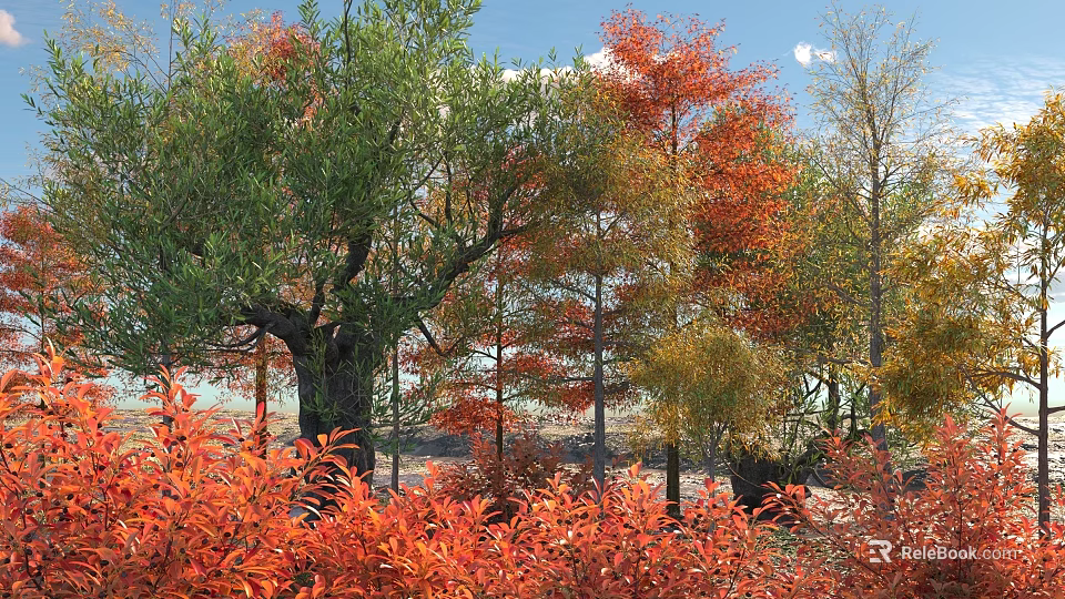 Scenic Arbor Trees With Green Red Orange Leaves Under Clear Blue Sky 3d model 