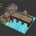 Traditional European Wooden Houses With Blue Roofs And Stone Bridge Over Water