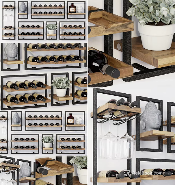 Elegant Decorative Wine Cabinet with Wooden Shelves Metal Racks Wine Bottles and Glasses 3d model 