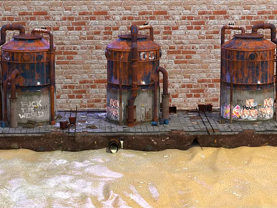 Industrial Rusty Storage Tanks With Graffiti Against Brick Wall On Muddy Ground 3d model