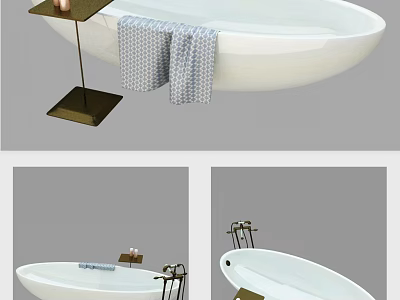 Oval White Bathtub With Side Table And Patterned Towels In Modern Bathroom 3d model