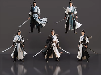 Ancient Chinese Men In Traditional Warrior Costumes Holding Swords In Various Poses 3d model