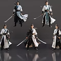 Ancient Chinese Men In Traditional Warrior Costumes Holding Swords In Various Poses