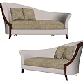 Classical Style Chaise Lounge with Beige Brown Patterned Fabric Wooden Armrests and Cushions