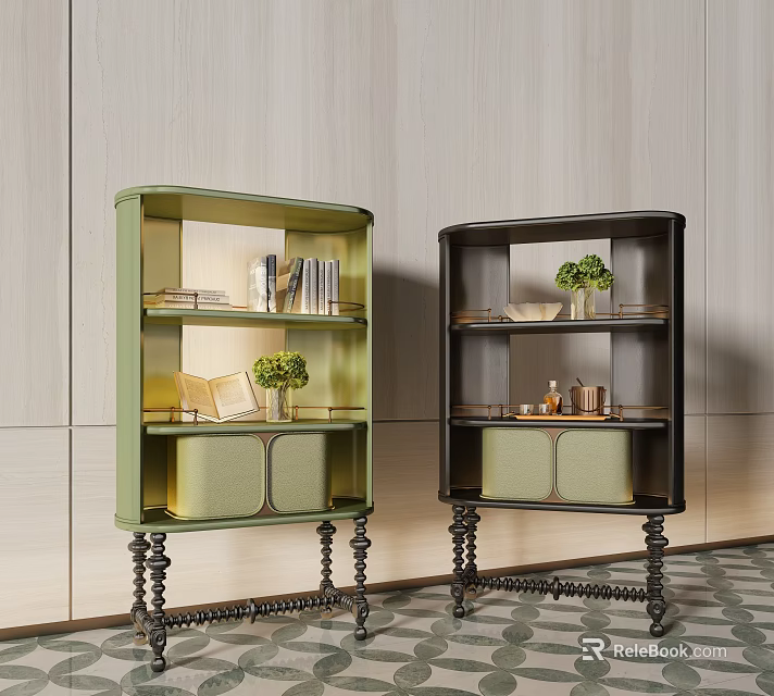 Two Tone Sideboards With Carved Legs Shelves Cabinet Doors And Green Plant Decor 3d model 