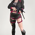 Woman Wearing Black Coat with Pink Flowers Gas Mask Holding Gun and Sword