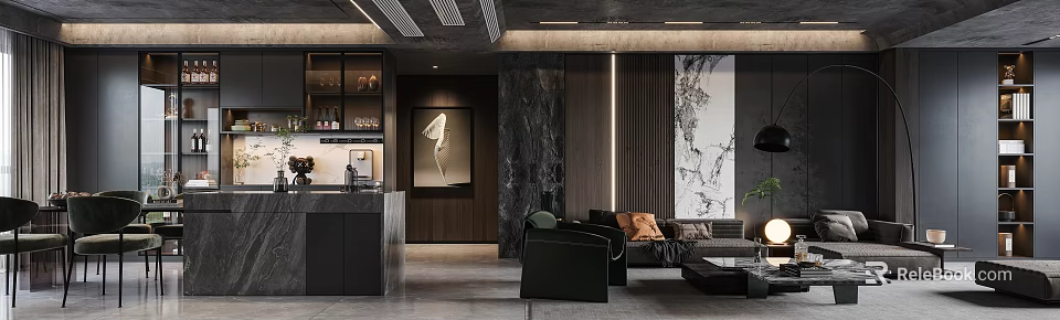 Modern Living Dining Room Interior With Marble Wall Black Cabinet Sofa And Decorative Painting 3d model 