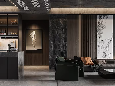 Modern Living Dining Room Interior With Marble Wall Black Cabinet Sofa And Decorative Painting 3d model