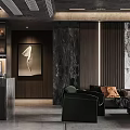 Modern Living Dining Room Interior With Marble Wall Black Cabinet Sofa And Decorative Painting
