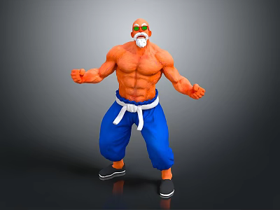 Muscular Bald Game Character With Green Sunglasses White Beard White Belt And Blue Pants 3d model