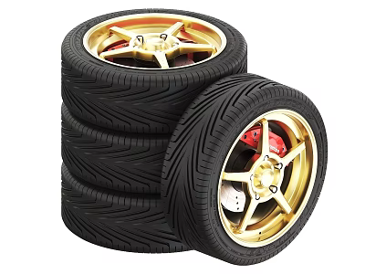Black Performance Tires Stacked With Gold Rims And Red Brake Calipers 3d model