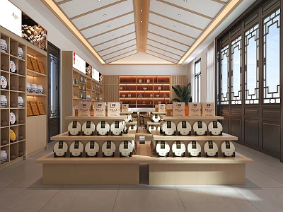 Traditional Chinese Style Store Interior With Wooden Shelves And Round Display Containers 3d model