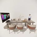 Modern Dining Table Set with Brown Upholstered Chairs Vase Twigs Chess Pieces Large Screen
