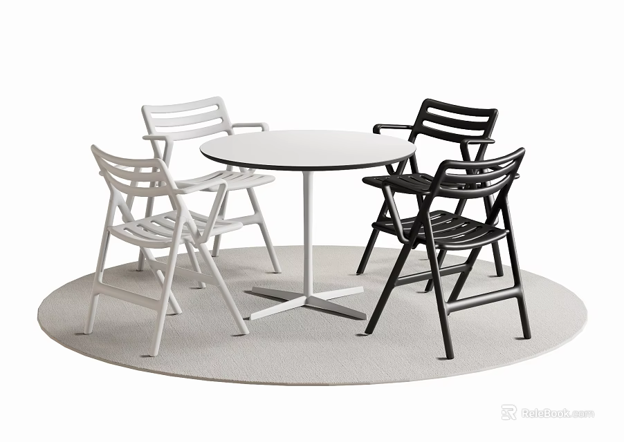 Round White Dining Table With Two White And Two Black Chairs On Light Round Rug 3d model