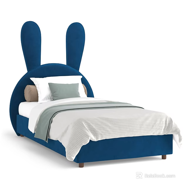 Cute Blue Kids Bed With Rabbit Ear Headboard And Soft Comfortable Bedding 3d model 
