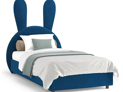 Cute Blue Kids Bed With Rabbit Ear Headboard And Soft Comfortable Bedding 3d model