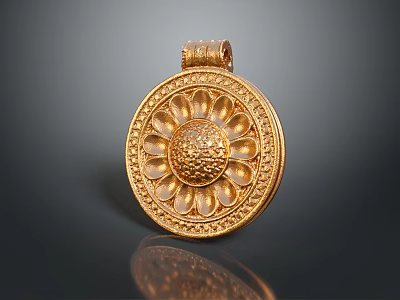 Golden Round Pendant Featuring Exquisite Decorative Sunflower Pattern Design in Fashion Accessories 3d model