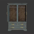 Vintage Blue Storage Cabinet With Open Double Doors And Drawers Gold Handles