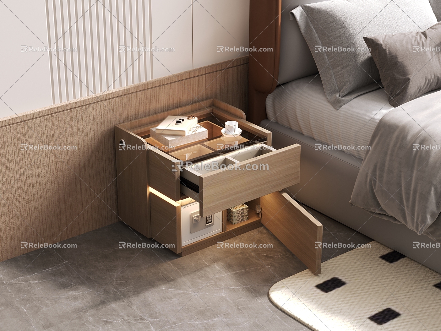 Style Bedroom Furniture Bedside Cabinet Drawer Safe Full Lighting 3d model