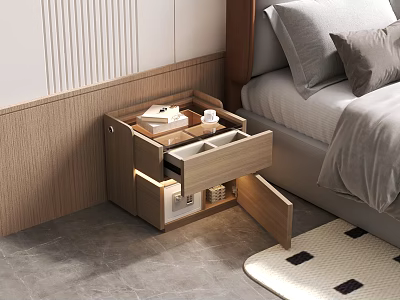 Modern Wooden Bedside Table With Open Drawer Storage In Bedroom Interior 3d model