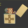 Stylish Golden Metallic Lighter With Open Lid Cross Pattern And Dice For Daily Use