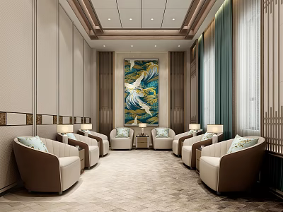 Elegant Hotel Public Lounge With Comfortable Sofas Decorative Artwork And Ambient Lighting 3d model
