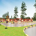 Fun Kids Go Kart Track With Checkerboard Fence And Tire Barriers On Grass Lawn