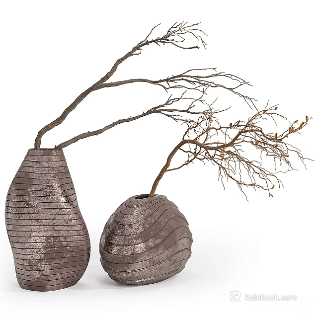 Two Decorative Textured Vases With Dried Branches For Modern Home Decor 3d model