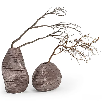 Two Decorative Textured Vases With Dried Branches For Modern Home Decor 3d model