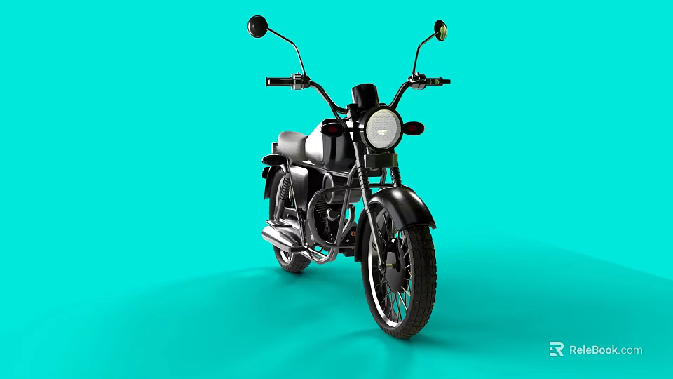 Classic Black Motorcycle With Chrome Mirrors And Headlight On Turquoise Background 3d model 