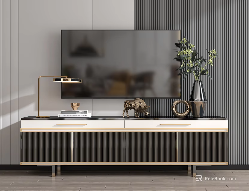 Modern TV Stand Design With Lamp Vase Decorative Sculpture And Storage Drawers 3d model 