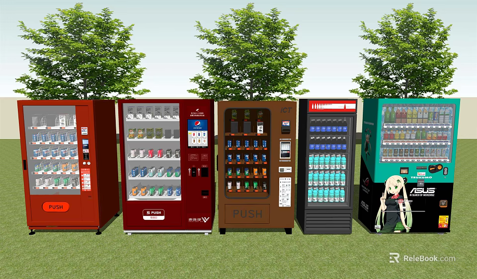 Various Colored Commercial Vending Machines Outdoors On Grass With Trees 3d model 
