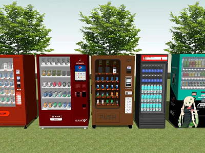 Various Colored Commercial Vending Machines Outdoors On Grass With Trees 3d model