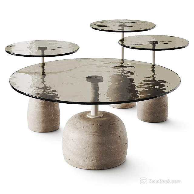 Modern Minimalist Coffee Tables With Round Glass Tops And Textured Stone Bases 3d model 