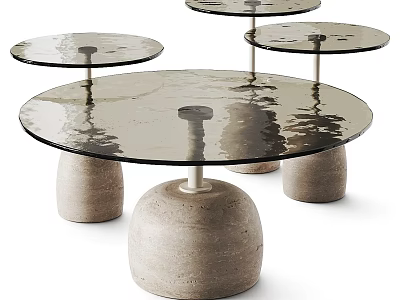 Modern Minimalist Coffee Tables With Round Glass Tops And Textured Stone Bases 3d model