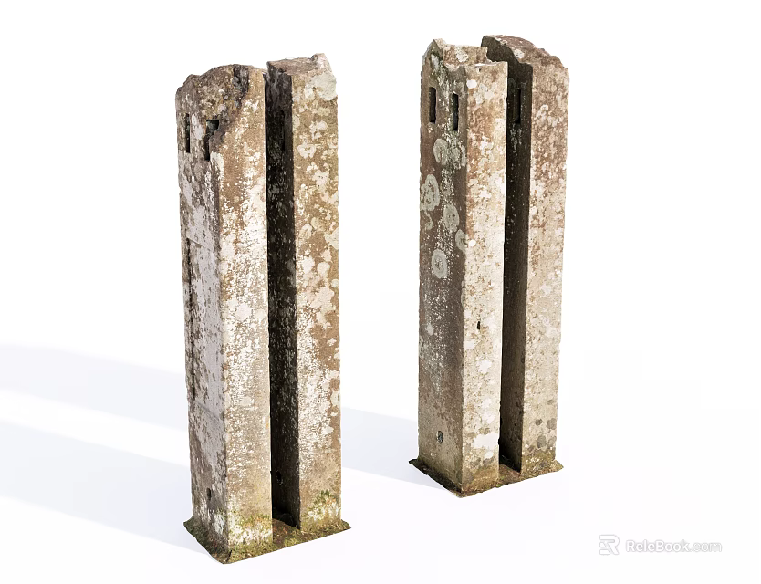 Two Old Weathered Stone Columns With Broken Edges And Chipped Surfaces 3d model