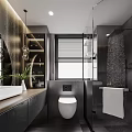 Modern Bathroom Interior With Dark Vanity White Sink Large Mirror Pendant Light And Green Plant