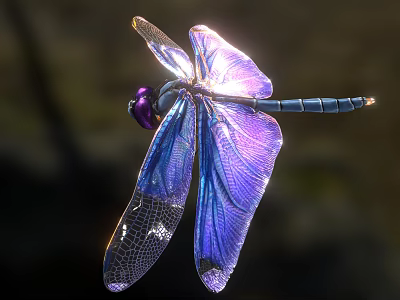 Vibrant Dragonfly With Iridescent Purple Blue Wings And Shiny Blue Body Flying Against Dark Background 3d model