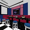 Modern KTV Interior With Blue Pink Walls Checkerboard Floor Red Sofas And Bar Area