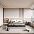 Modern Bedroom Interior With Large Bed White Wardrobes Window Seat And City View